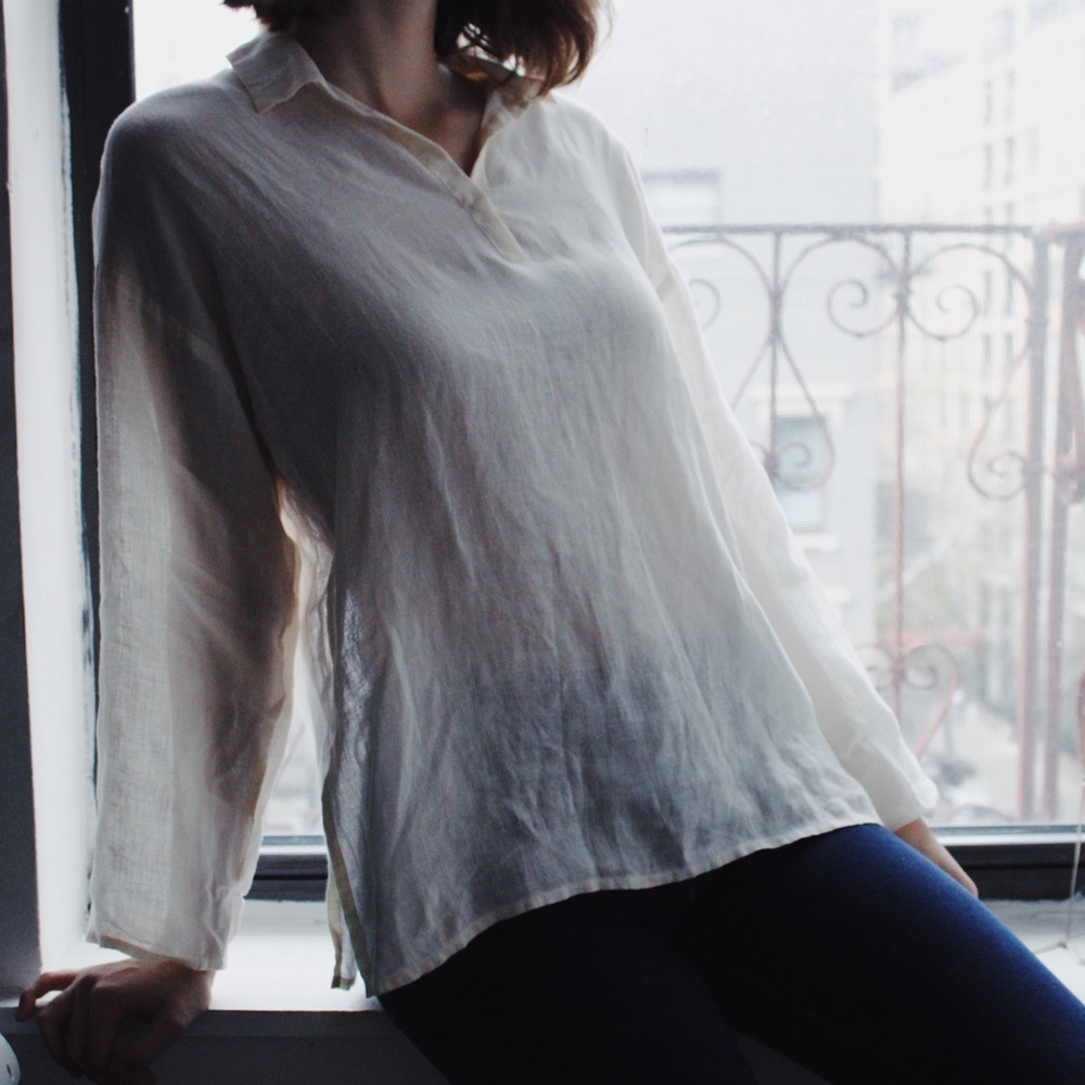EILEEN FISHER - Irish Linen Collared Tunic Blouse